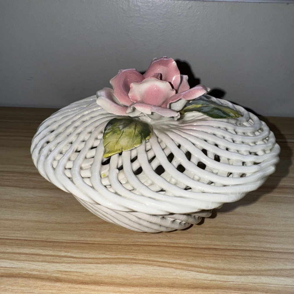 6" Vintage Italian Ceramic Woven White Basket Handpainted Floral Design